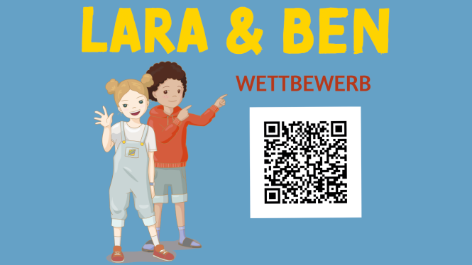 Illustration von zwei Kindern mit dem Namen Lara und Ben, die auf einen Wettbewerb hinweisen