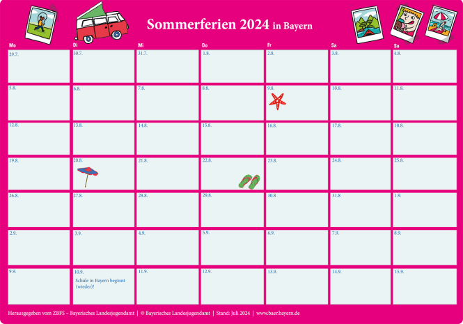 Kalenderblatt mit den Schulferientagen 1.8.2024 bis 9.9. 2024