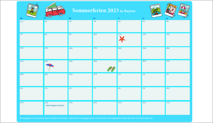 Ferienkalender 2023 für Bayern mit den Kalendertagen 31.7. bis 17.9.