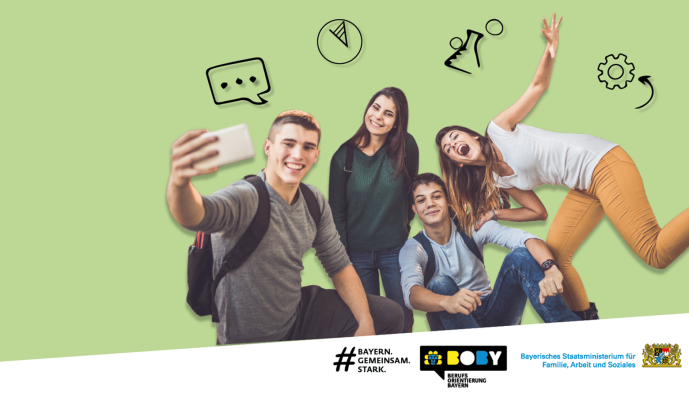 Vier Jugendliche, zwei Jungs und zwei Mädchen, die mit einem Smartphone ein Selfi von sich machen