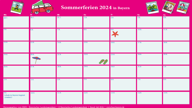 Kalenderblatt mit den Tagen der Sommerferien 2024 in Bayern