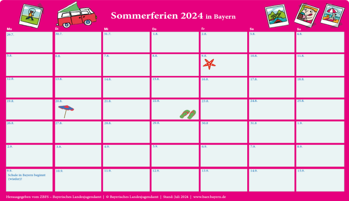 Kalenderblatt mit den Tagen der Sommerferien 2024 in Bayern