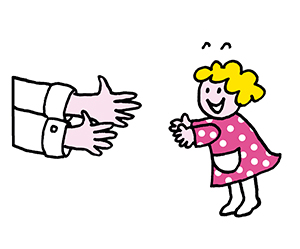 Illustration: Mädchen lernt laufen, Hände fangen sie auf