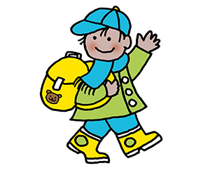 Illustration: Winkender Junge mit Rucksack geht in den Kindergarten