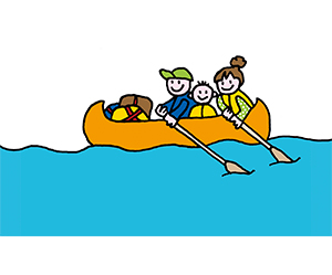 Illustration: Vater, Mutter, Kind in einem Kanu auf einem See