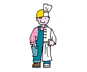 Illustration: Berufswahl für Kinder, Kind mit Kochmütze und oder Bauhelm