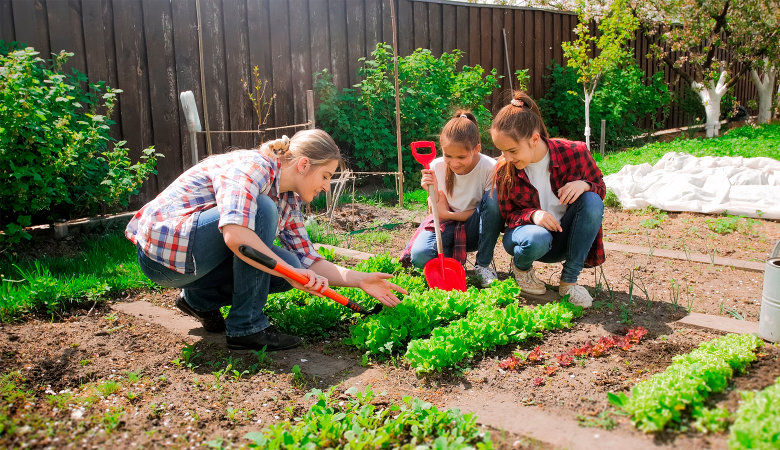Foto: Zwei junge Mädchen mit ihrer Ausbilderin beim Bepflanzen eines Gemüsegarten.